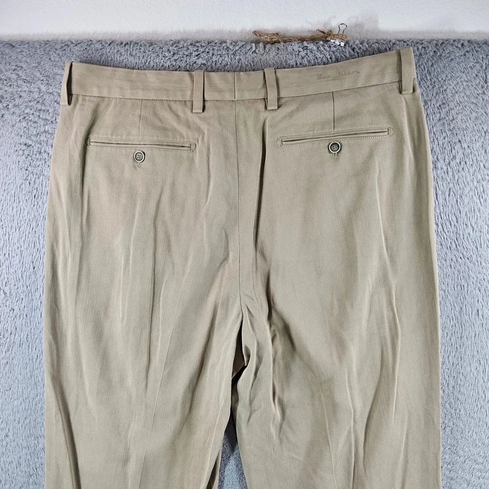 Tommy Bahama Mens 36x30 Silk Bamboo Pleated Pants Khaki Tan Herringbone Dress